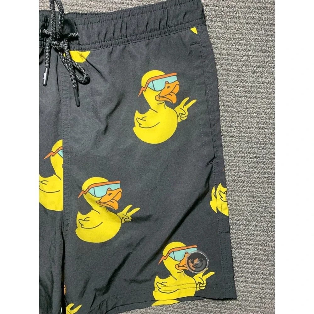 Neff Board Shorts Mens L Yellow Ducky Duck Lightweight Stretch Black Beach Swim